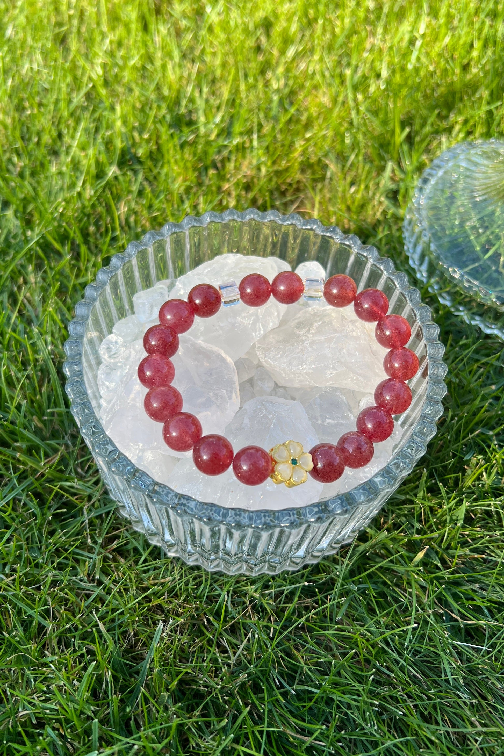 Handmade red strawberry quartz crystal bracelet, beaded jewelry for healing energy and a thoughtful gift for her.