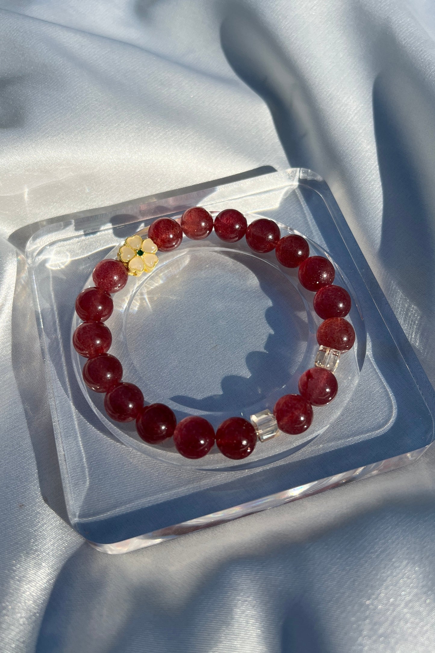 Handmade red strawberry quartz crystal bracelet, beaded jewelry for healing energy and a thoughtful gift for her.