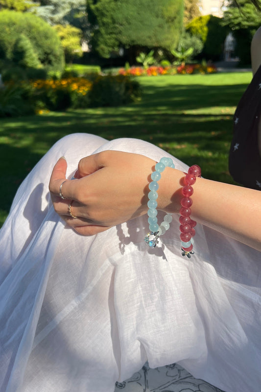 Aquamarine, red strawberry quartz crystal bracelet, healing energy jewelry