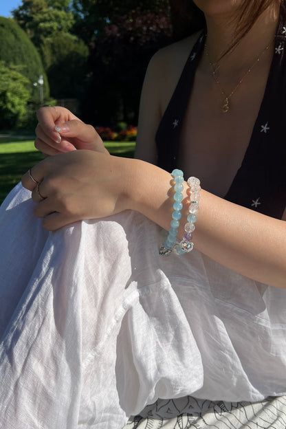 Aquamarine, clear azeztulite crystal bracelet, healing energy jewelry