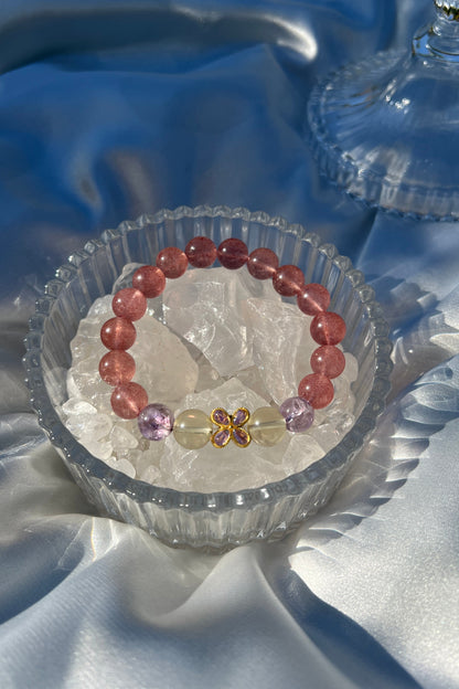 Handmade strawberry quartz, purple azeztulite, citrine crystal bracelet, beaded jewelry for healing energy and a thoughtful gift for her.