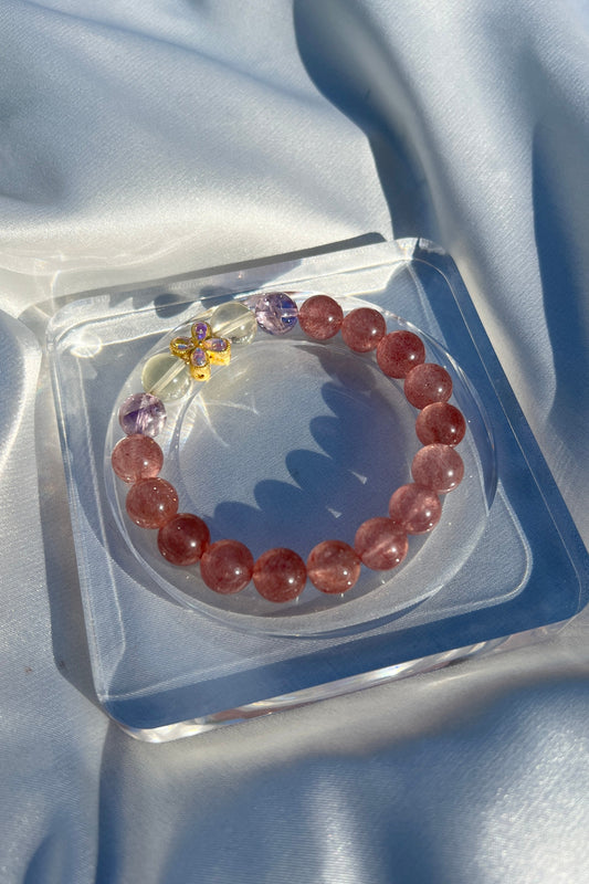 Handmade strawberry quartz, purple azeztulite, citrine crystal bracelet, beaded jewelry for healing energy and a thoughtful gift for her.