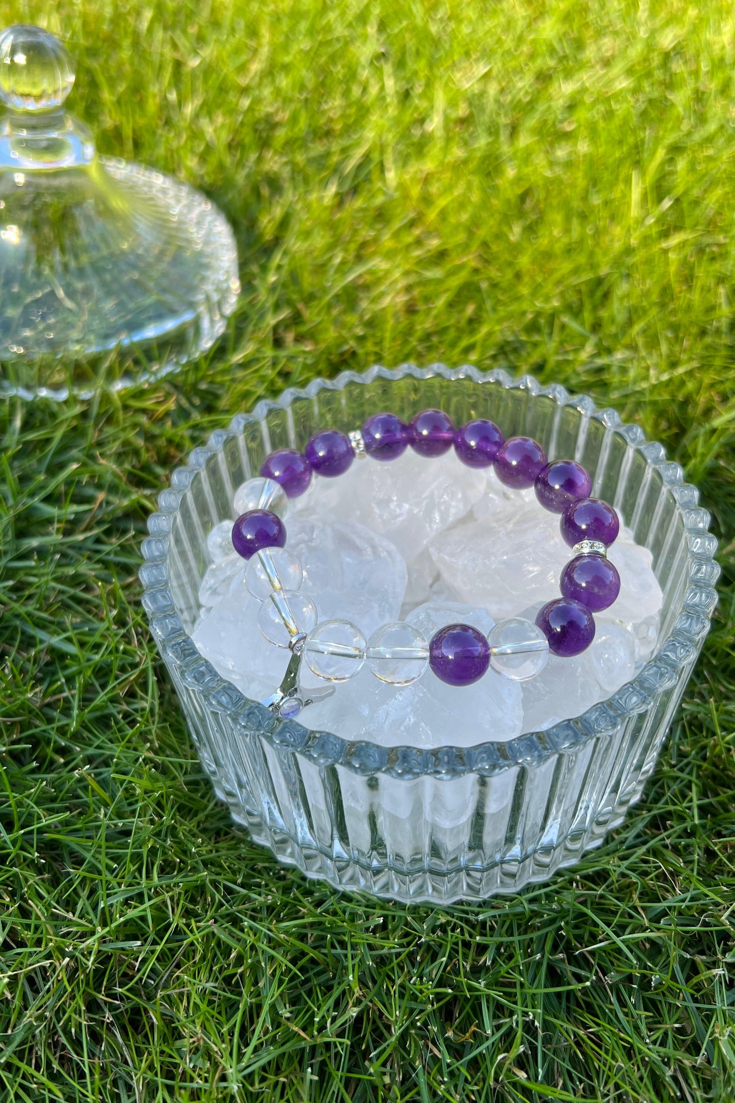 Handmade amethyst, clear quartz crystal bracelet, beaded jewelry for healing energy and a thoughtful gift for her.