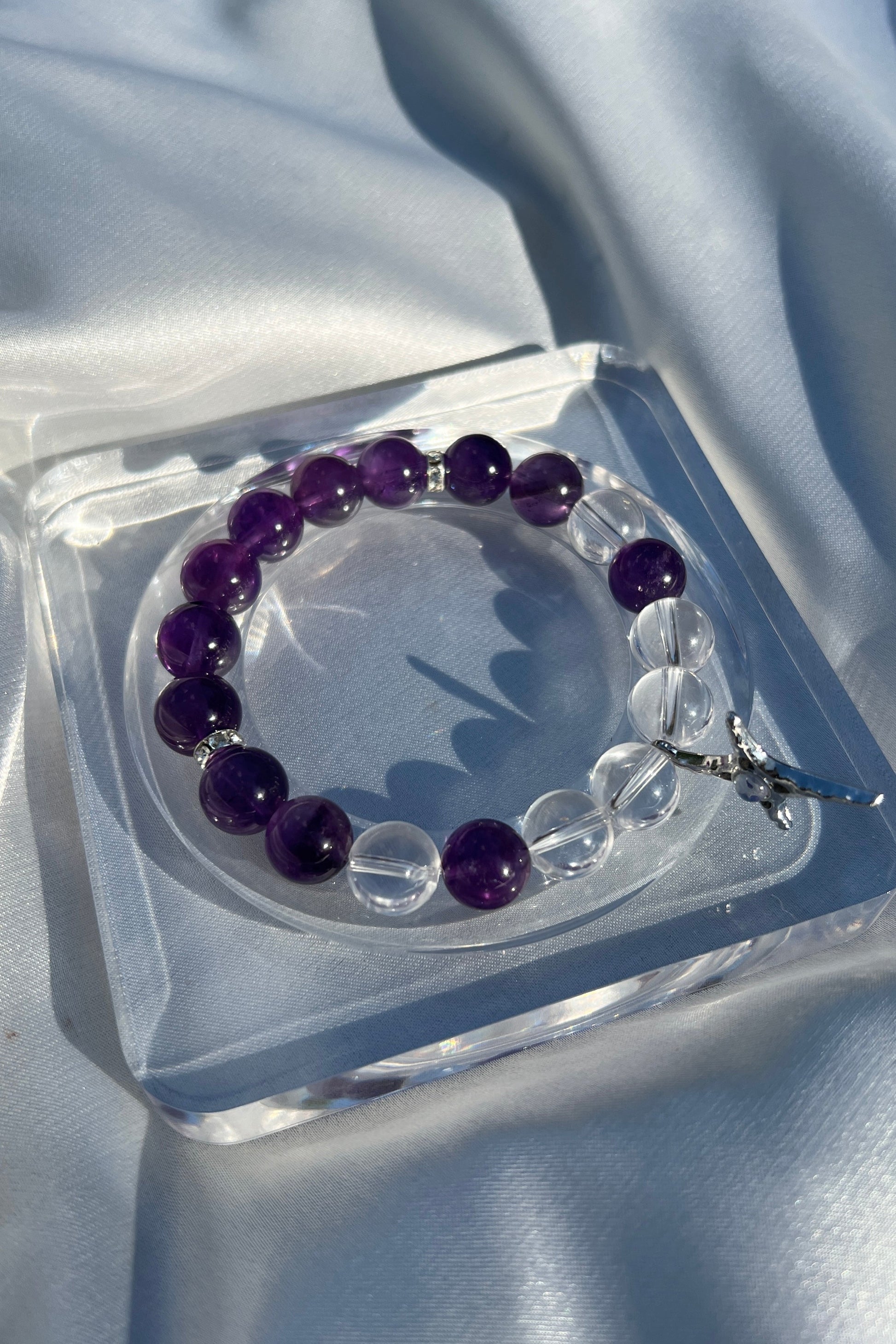 Handmade amethyst, clear quartz crystal bracelet, beaded jewelry for healing energy and a thoughtful gift for her.