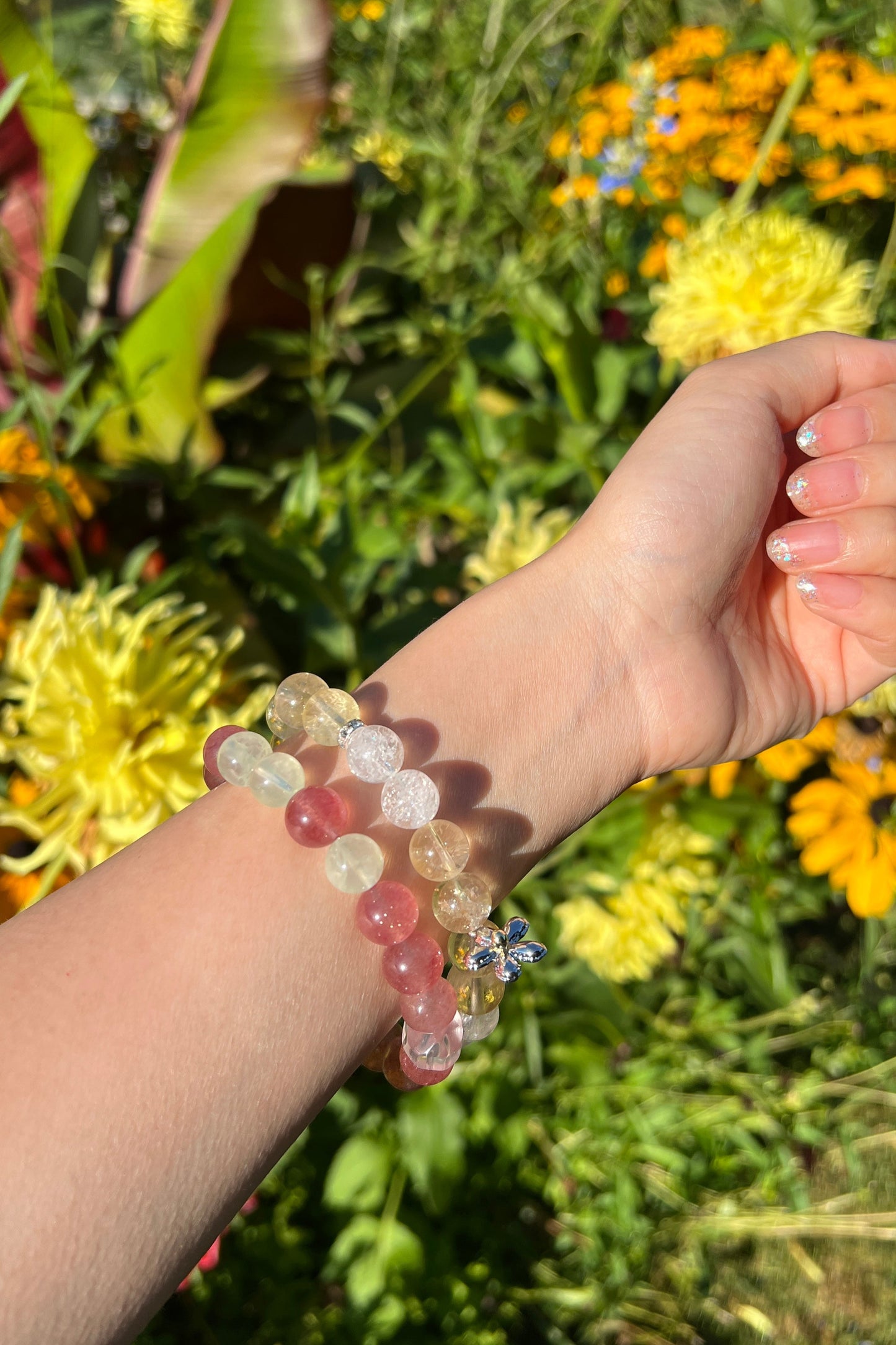 Strawberry quartz, yellow golden azeztulite crystal bracelet, healing energy jewelry