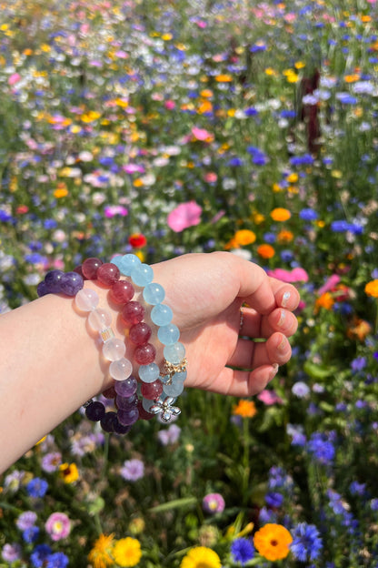 Amethyst, red strawberry quartz, aquamarine crystal bracelet, healing energy jewelry