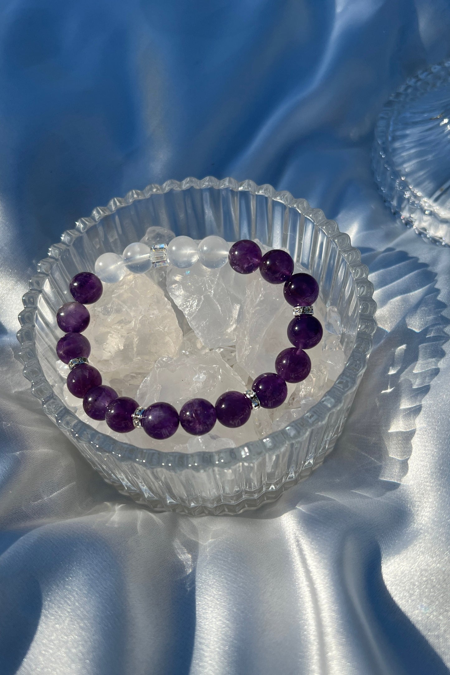 Handmade amethyst, bluemoon quartz crystal bracelet, beaded jewelry for healing energy and a thoughtful gift for her.