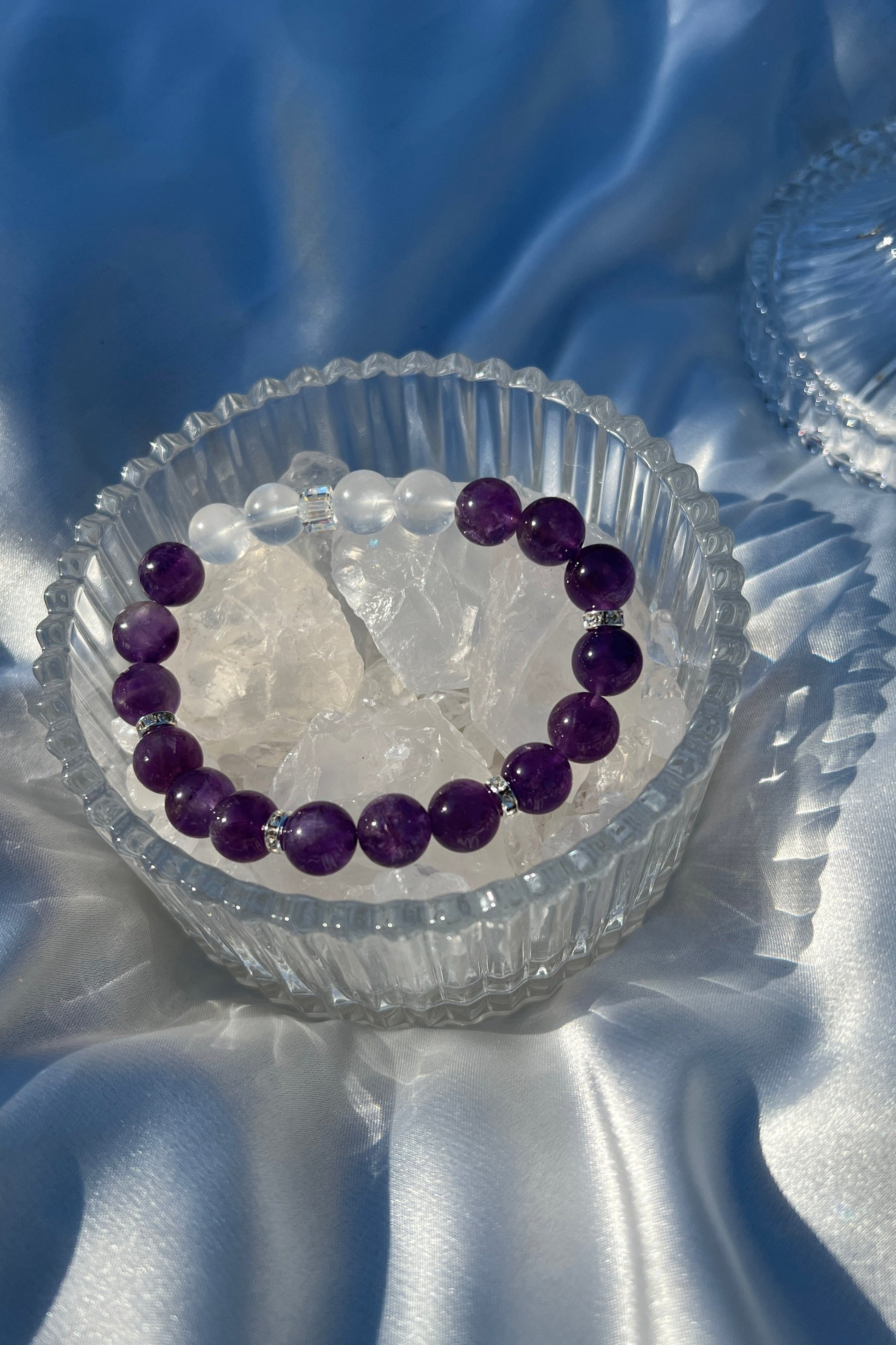 Handmade amethyst, bluemoon quartz crystal bracelet, beaded jewelry for healing energy and a thoughtful gift for her.