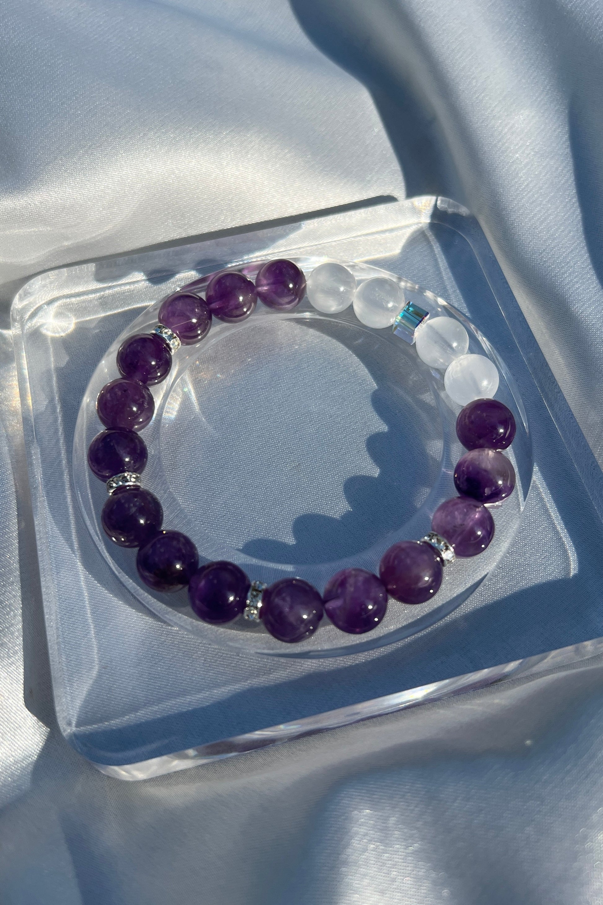 Handmade amethyst, bluemoon quartz crystal bracelet, beaded jewelry for healing energy and a thoughtful gift for her.