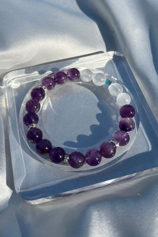 Handmade amethyst, bluemoon quartz crystal bracelet, beaded jewelry for healing energy and a thoughtful gift for her.