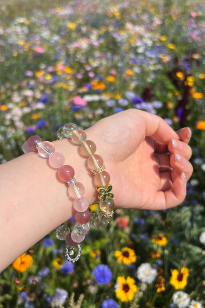 Strawberry quartz, yellow golden quartz crystal bracelet, healing energy jewelry