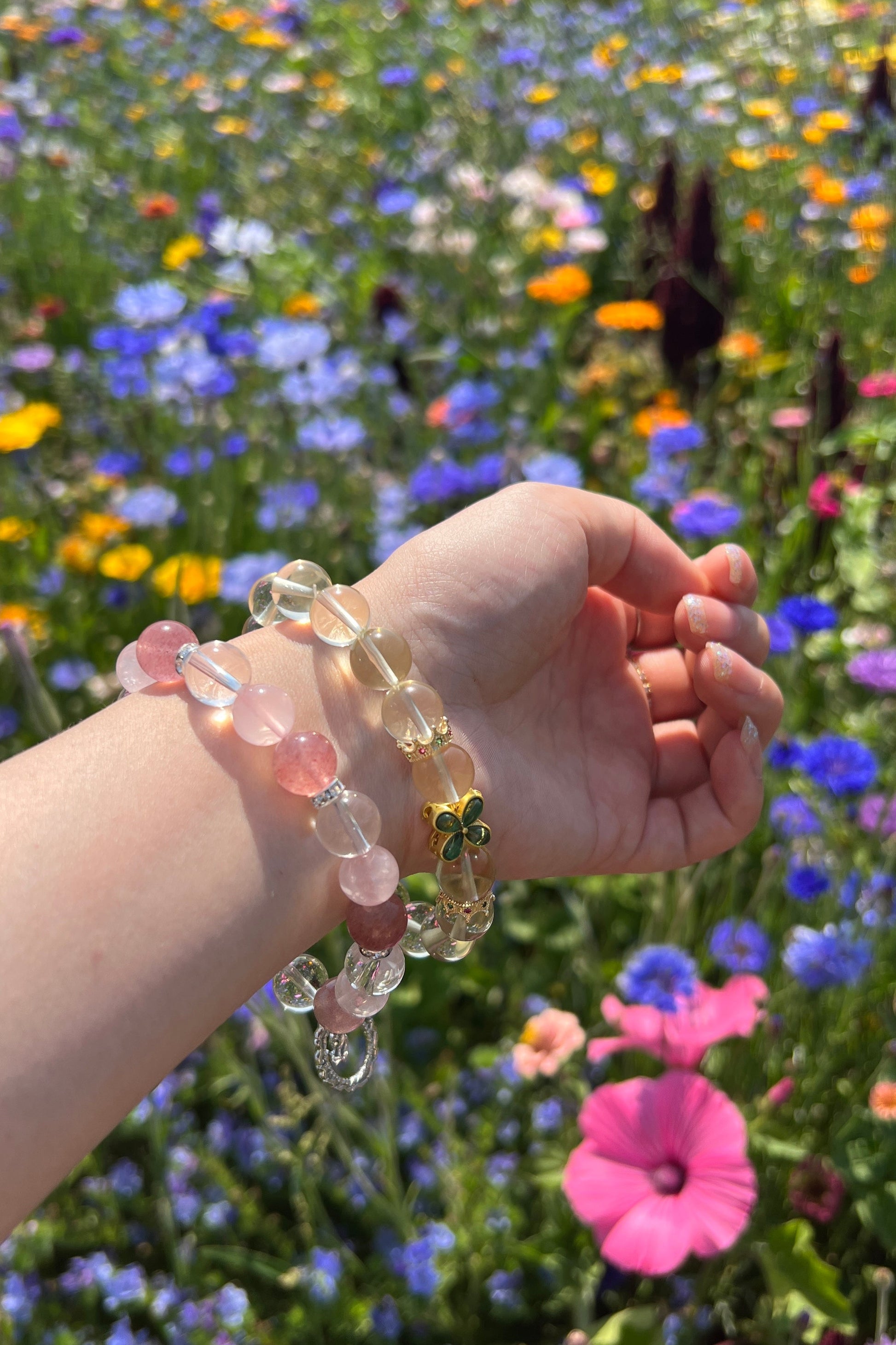Strawberry quartz, yellow golden quartz crystal bracelet, healing energy jewelry