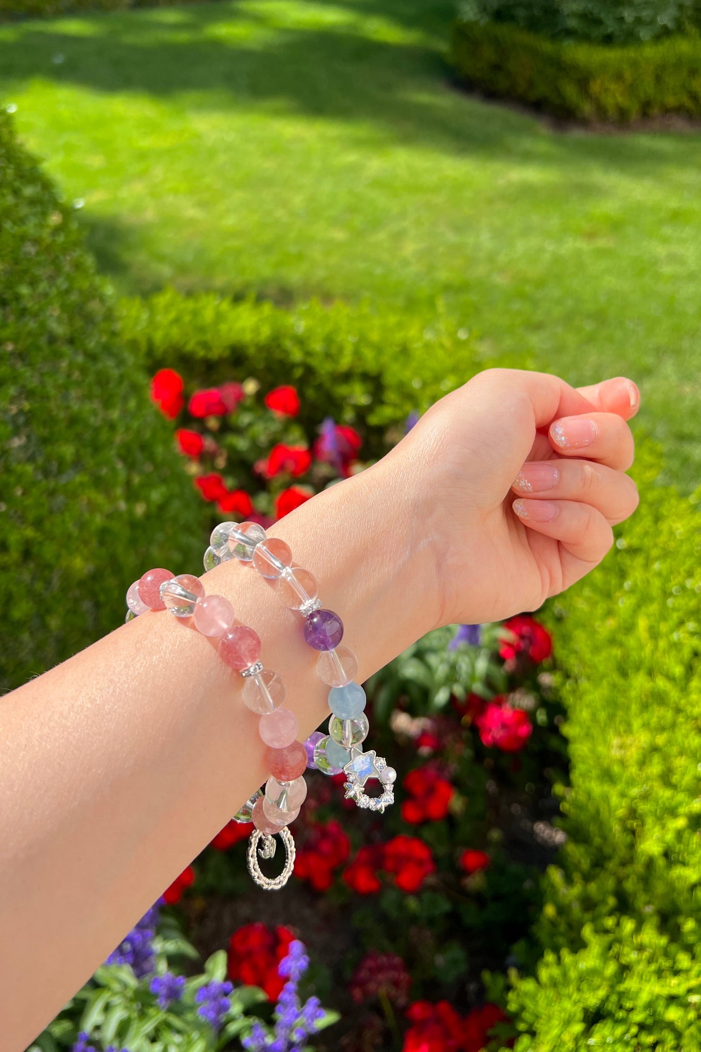 Strawberry quartz, clear quartz crystal bracelet, healing energy jewelry
