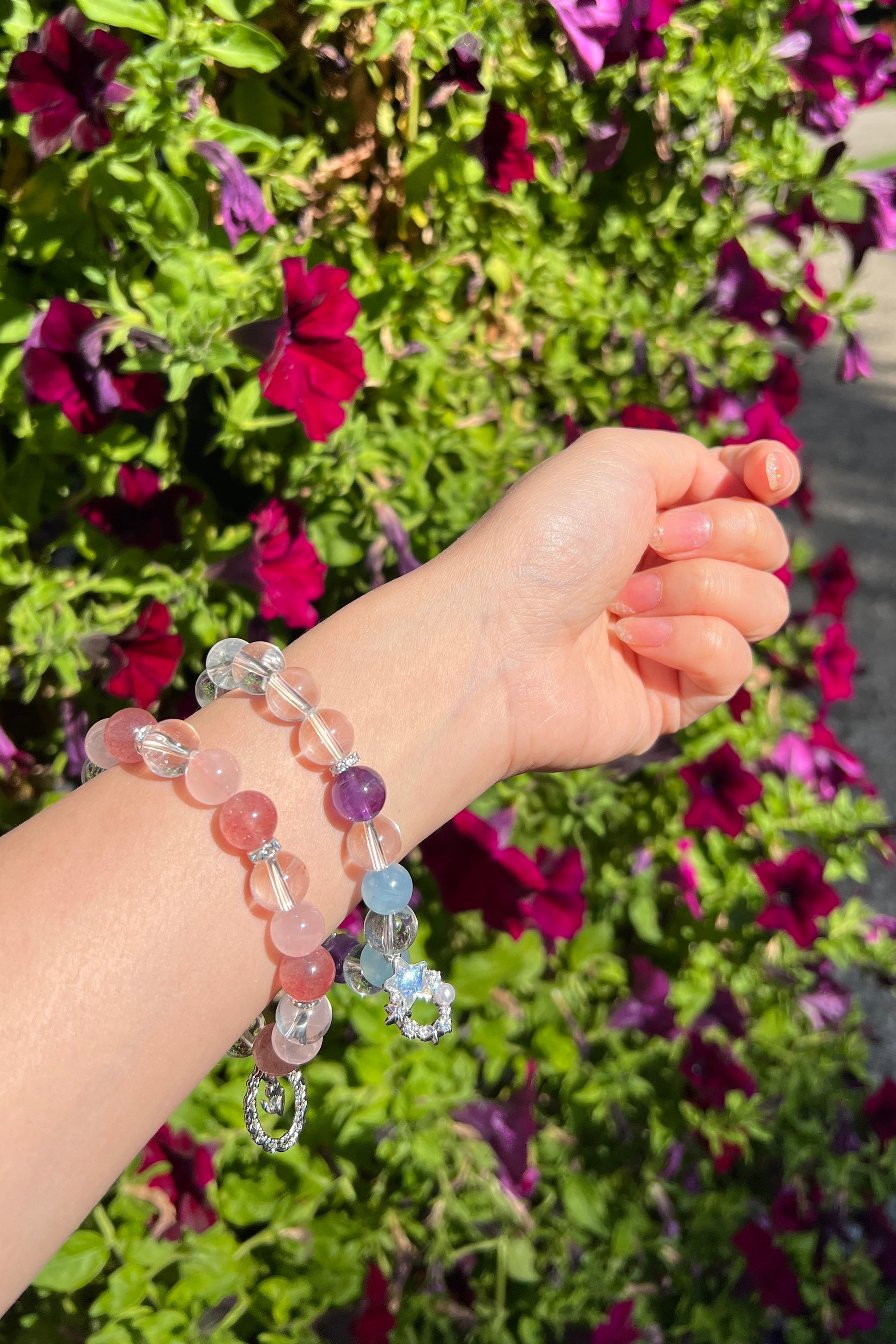 Strawberry quartz, clear quartz crystal bracelet, healing energy jewelry